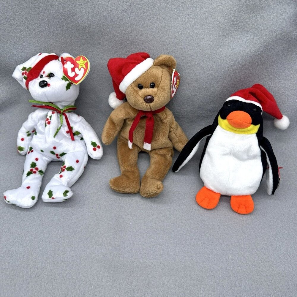 Christmas Holiday Plush Lot Penguin Teddy Bear Holly & Berry Bear Stuffed Toy TY
